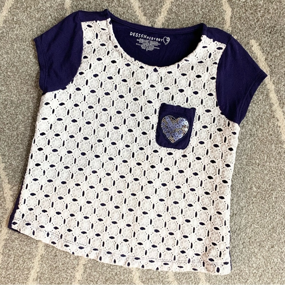 Design History White Eyelet Lace and Purple Short Sleeve T-shirt Size 5